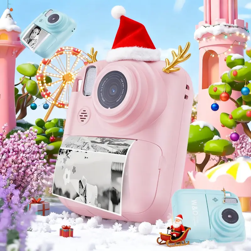 W&O High-Def Compact Instant Print Camera - Portable Plastic Kids Camera with Built-in Features, 160mm Size, for 3-12 Age Toddlers/Boys, Party Gifts, Mini Photo Booth Device