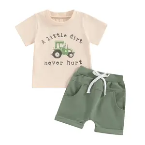 Toddler Baby Boy Summer Clothes Tractor Funny Letters Print T-Shirt Casual Shorts Set Infant Baby Farm Clothes