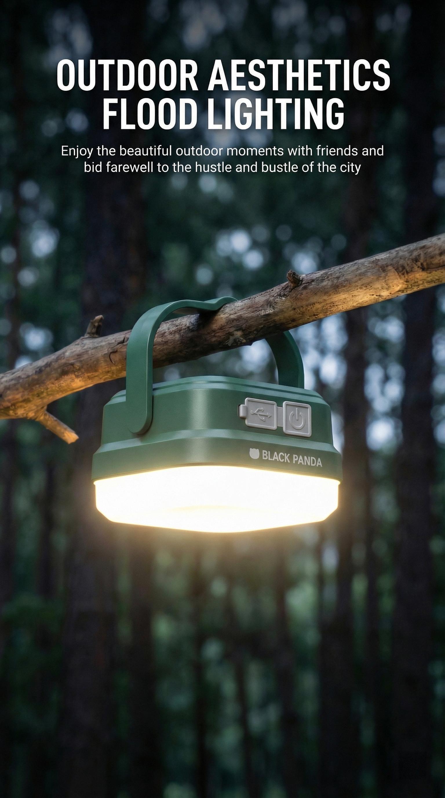 Black Panda Portable Solar Camping Lantern Solar & USB-C Dual Charging High Brightness Daily water resistant Multiple Lighting Modes