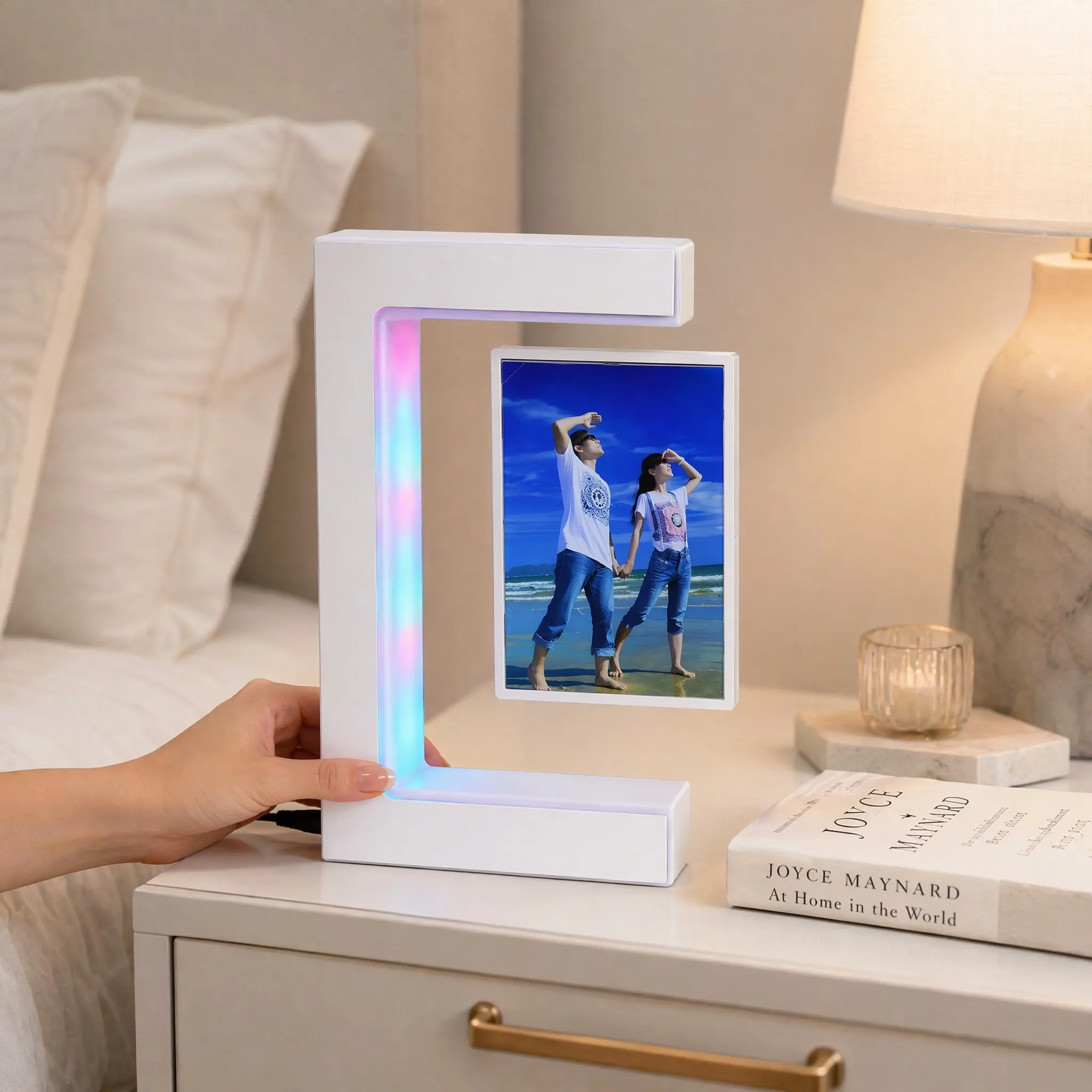 Magnetic Levitating Photo Frame with LED Light, Floating 3D Picture Display Stand, Unique Home Decor & Gift for Birthday, Christmas, Anniversary