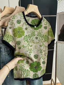 Floral Print Round Neck Sweater, Casual Short Sleeve Knitwear for Spring Summer Fall, Comfortable Warm Women's Clothing