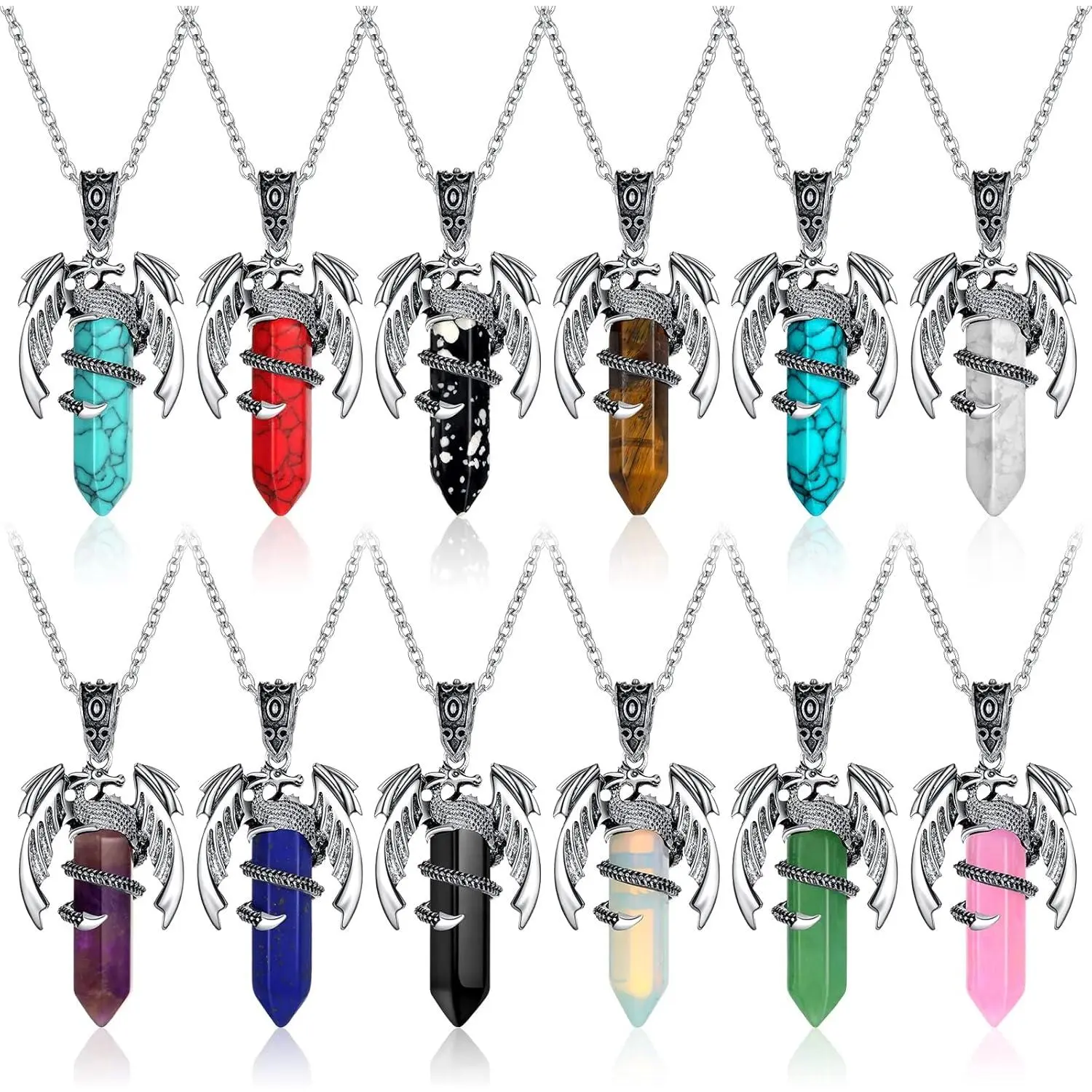 12-Piece Alloy Dragon Pendant with Necklace, Natural Crystal Healing Stone Jewelry for Men, Chakra Reiki Power Accessory