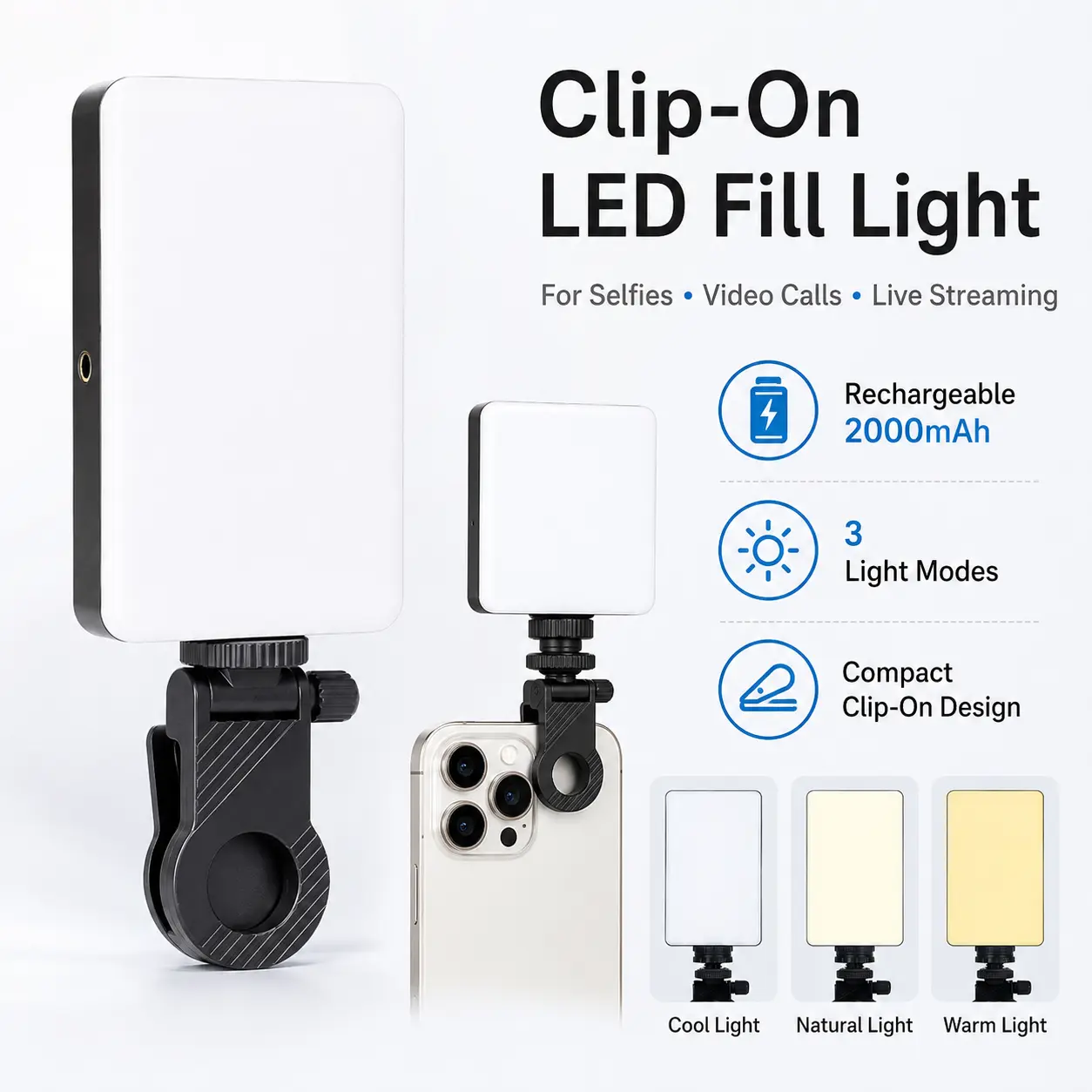 Portable LED rechargeable selfie light with front and rear clip-on cell phone light, adjustable 3 lighting modes for cell phone, IPhone, Android, IPad, laptop, makeup, selfie, video conference - MM2