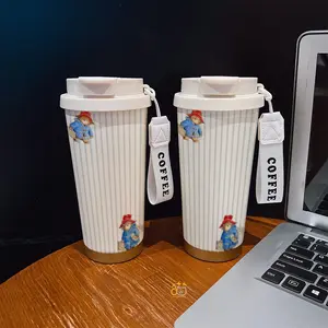 Coffee mug ~ 530 ml / 17.92 oz insulated mug，Paddington Bear Blue Coat Red Hat Striped Pattern PrintDouble-walled, leak-proof, travel mug with handle; perfect for coffee lovers, art enthusiasts, sports enthusiasts, and those seeking a gift.