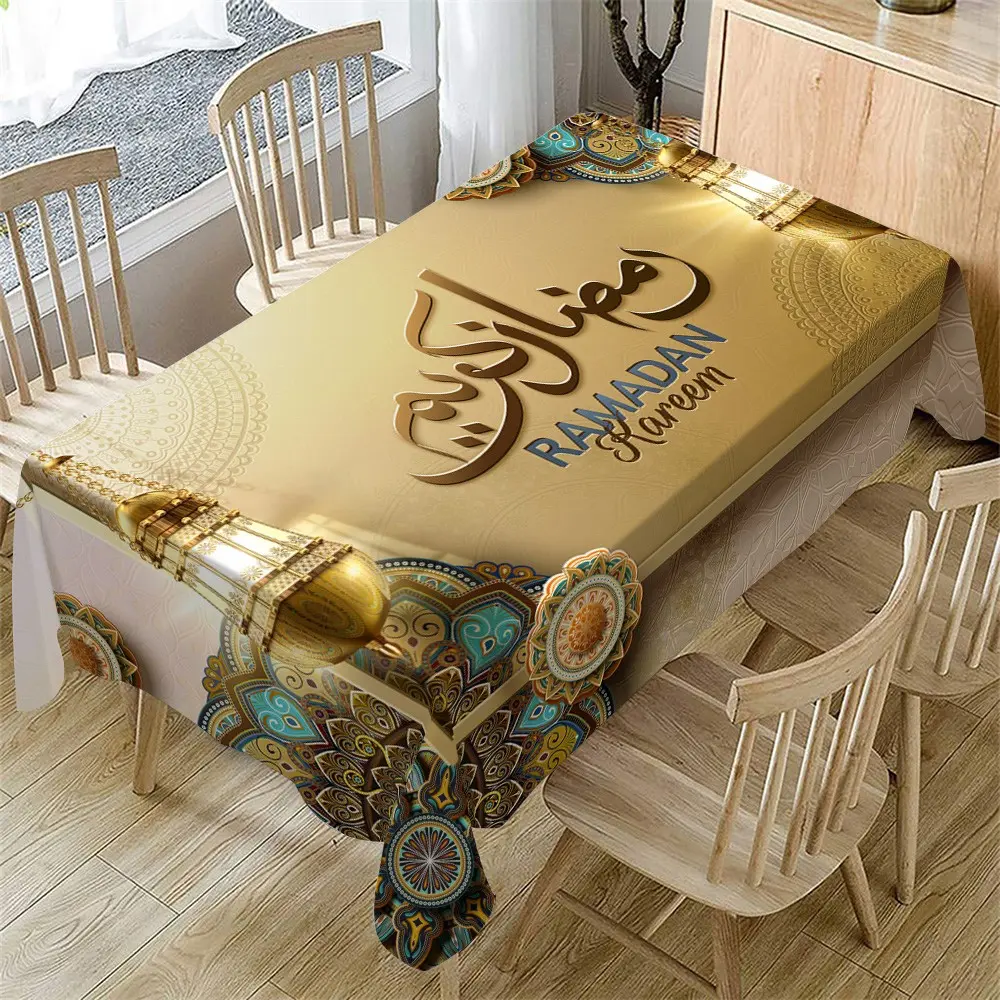 Ramadan Tablecloth, Ramadan Kareem & Mubarak Design, Mandala Lantern Motif, Washable Fabric, Ideal for Festive Celebrations
