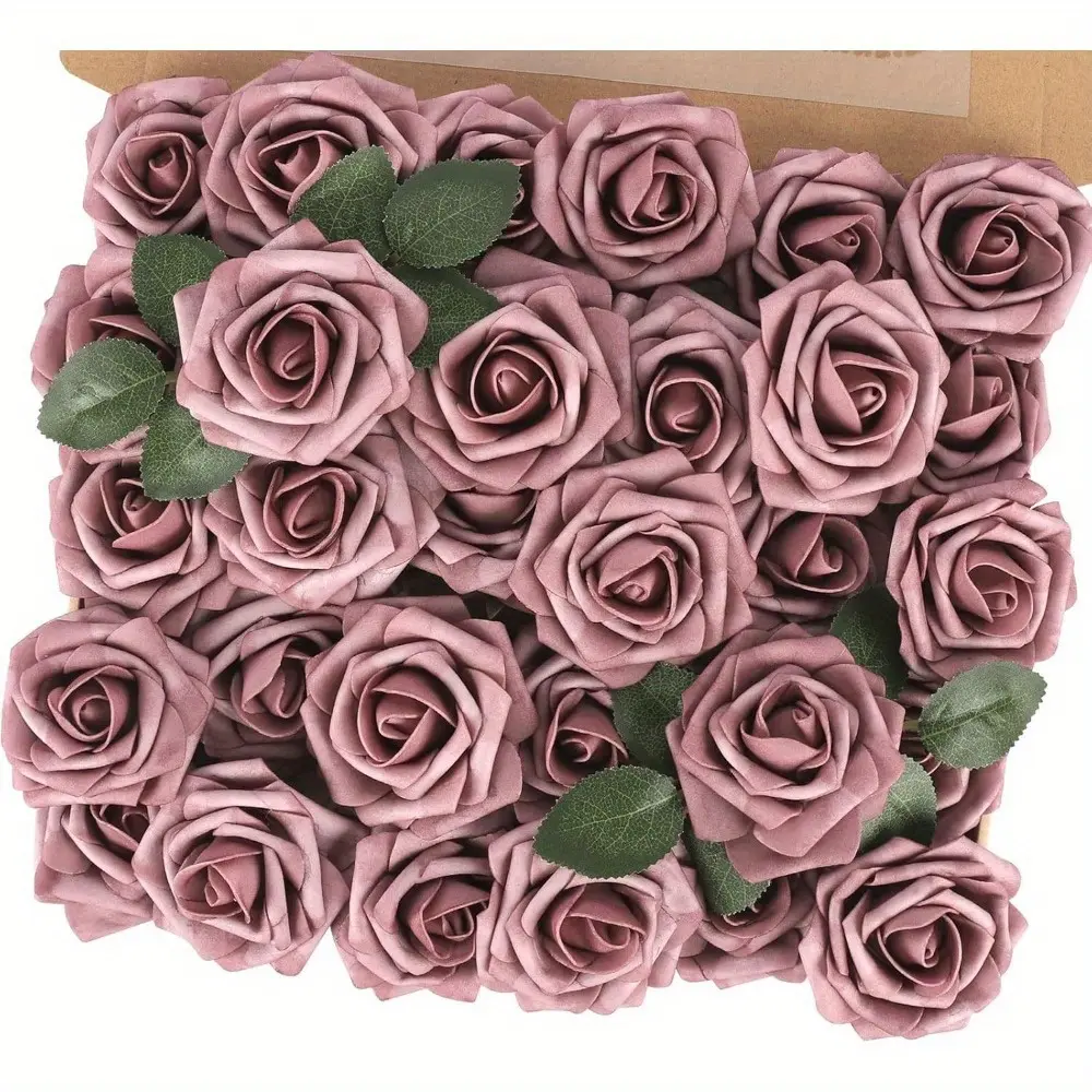 50pcs Roses + 8pcs Leaves Artificial Dusty Rose Flowers Real Touch Rose Flower with Stem Foam Roses for DIY Wedding Bouquet Table Centerpieces Baby Shower Party Spring Mothers Day Home Decoration (Dusty Pink)