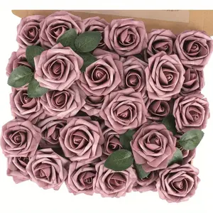 50pcs Roses + 8pcs Leaves Artificial Dusty Rose Flowers Real Touch Rose Flower with Stem Foam Roses for DIY Wedding Bouquet Table Centerpieces Baby Shower Party Spring Mothers Day Home Decoration (Dusty Pink)
