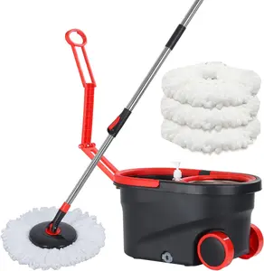 Black/Red Spin and Mop Bucket Set with Wring System, 360°  Spinning Mop with 3pcs Microfiber Mop Heads and Stainless Steel Mop Handle, Household Items Cleaning Tools