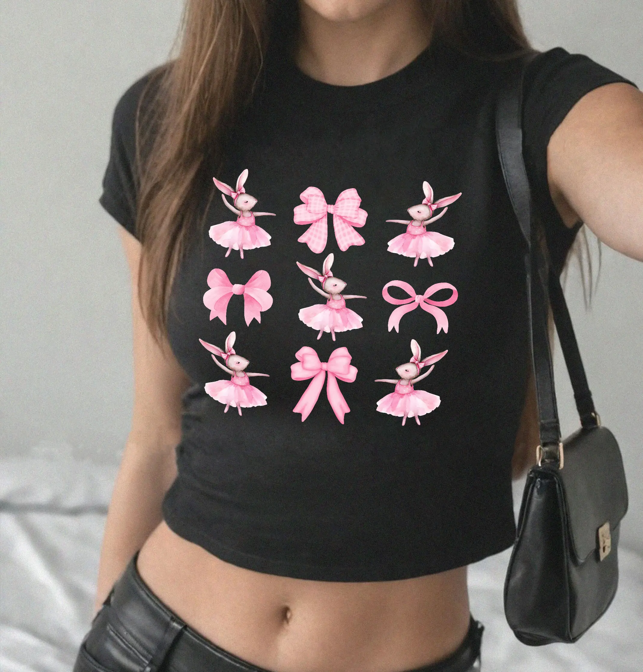 Balletcore Bunny Baby Tee, Cute Pink Bow Women Clothing, Rabbit Clothes Soft Girl Aesthetic, Bunny Shirt, Bow Baby Tee Women Gift for Her