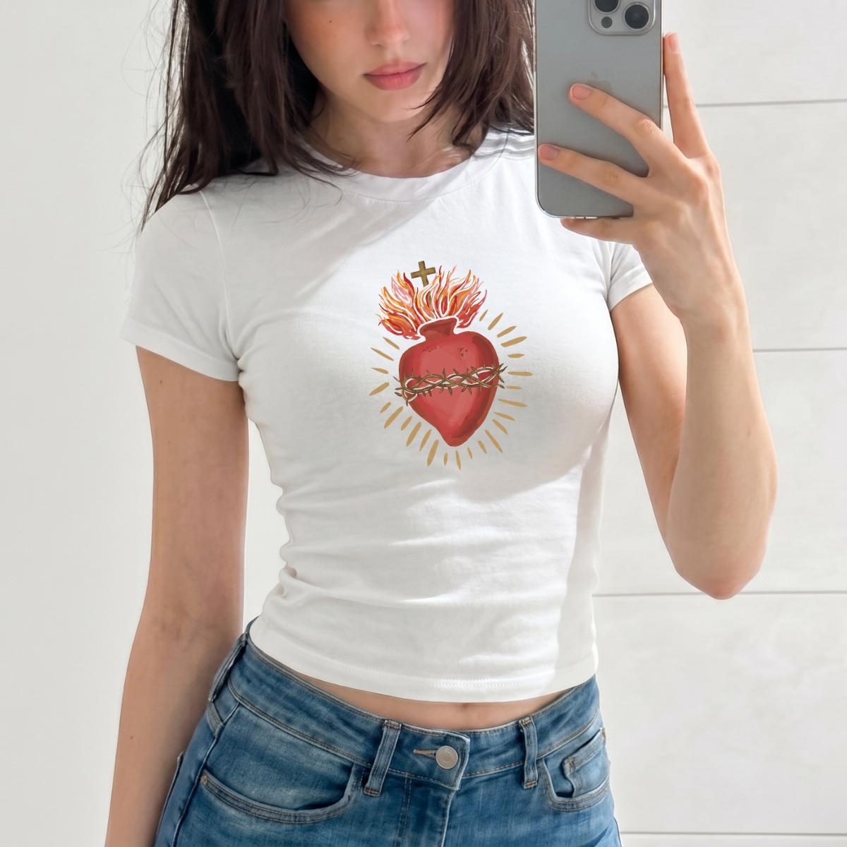 Sacred Heart Baby Tee, Y2K Aesthetic Graphic Crop T-Shirt, Coquette 90s Style Top, Cyber Y2K Cute Fitted Shirt, Trendy Summer Outfit
