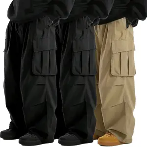 Multi-piece set of solid-color trendy cargo pants — multi-pocket design, casual street-style long pants with large pockets and a loose fit khakis