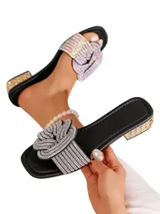 Sparkly Braided Sandals, Low Heel Non-Slip Flip Flops, Summer Outdoor Versatile Open-Toe Slippers, Perfect for All Seasons