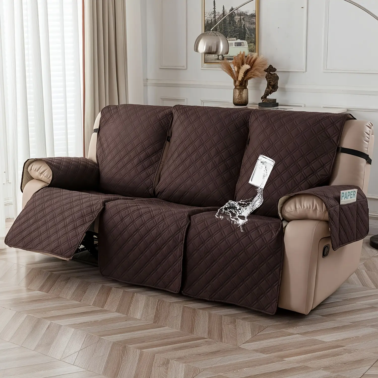 Waterproof Recliner Slipcover, Non-slip Recliner Chair Cover for 3 seats, Adjustable Chaise Lounge Slipcover with Elastic Strap for Pets Living Room