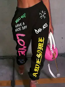 Women's Thick Fleece Jogger Pants, Graffiti Letter Print, Casual Loose Fit, All Seasons Street Style, Long Sweatpants