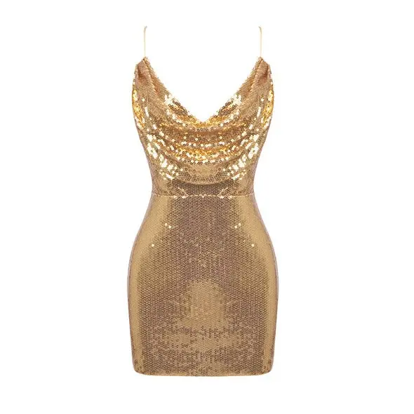 Women's Gold Sequin Cowl Neck Spaghetti Strap Mini Dress - Ruched Glitter  Bodycon Party Dress for Night Out, Cocktail Event, Prom - TikTok Shop
