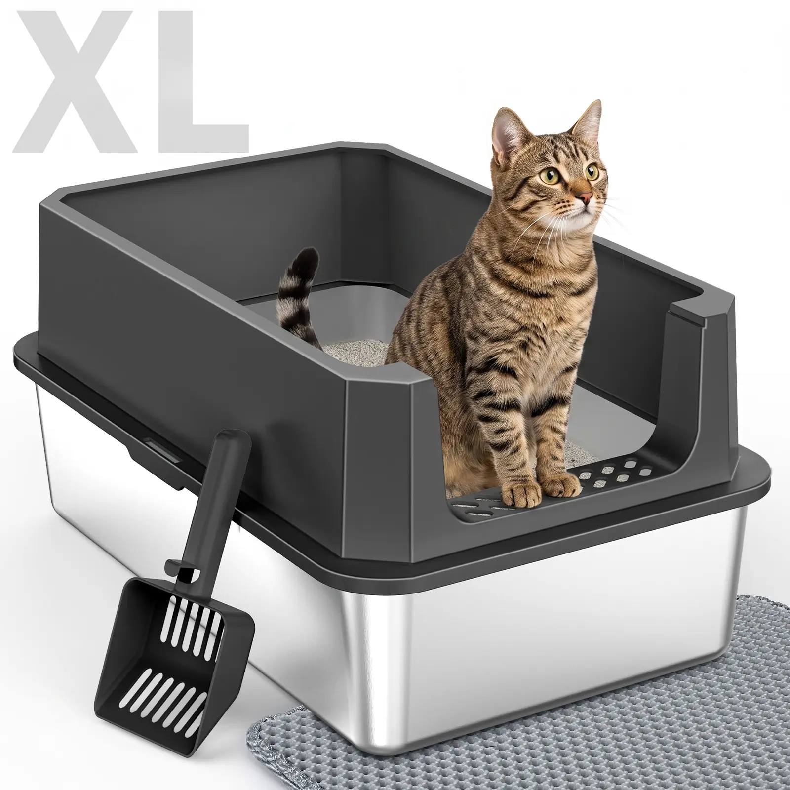 XL Stainless Steel Open-Top Litter Box Leak-proof and easy to clean Extra-large Size with High Sides to Prevent Scattering for Multi-cat Households as a Gift for Cat Includes a free litter scoop& mat