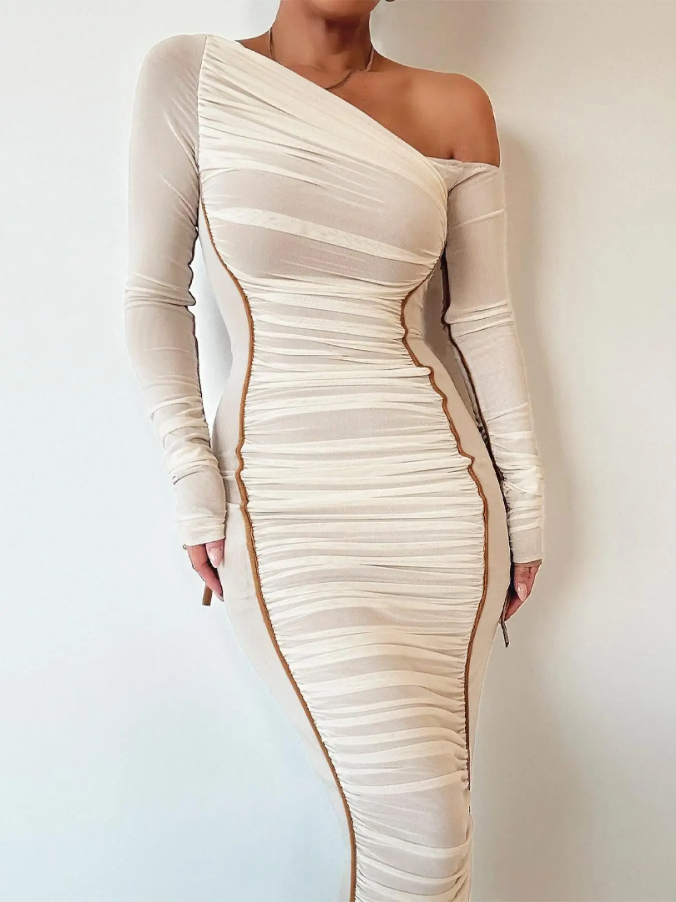 Women's Striped Ruched Asymmetrical Neck Bodycon Dress, Elegant Long Sleeve Long Dress for Party Club Dating Wear, Women's Clothing for Spring & Fall