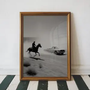 (No Frame) Vintage Cowboy Mustang Racing Poster Wall Art, Retro Black and White Western Convertible Photo, Sports Art Print , No Frame
