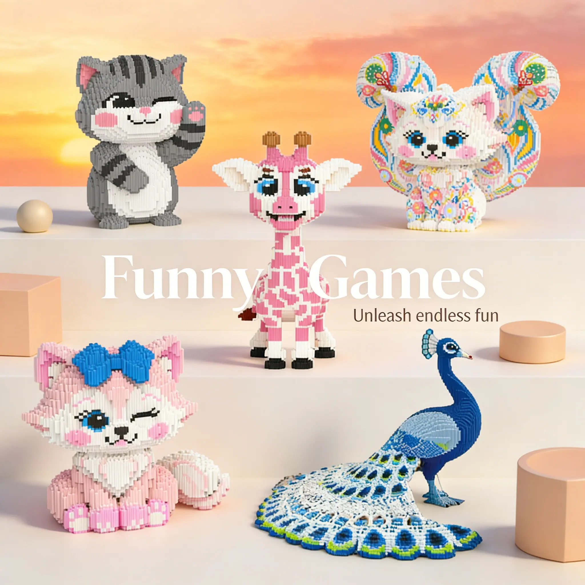 Multicolor Forest Animal Giraffe Squirrel Cat Elephant Peacock Parrot 3D Puzzle Blocks, Building Block Puzzle, Building Block Figure, Home Office Decor, Party Decoration, Ideal Gift