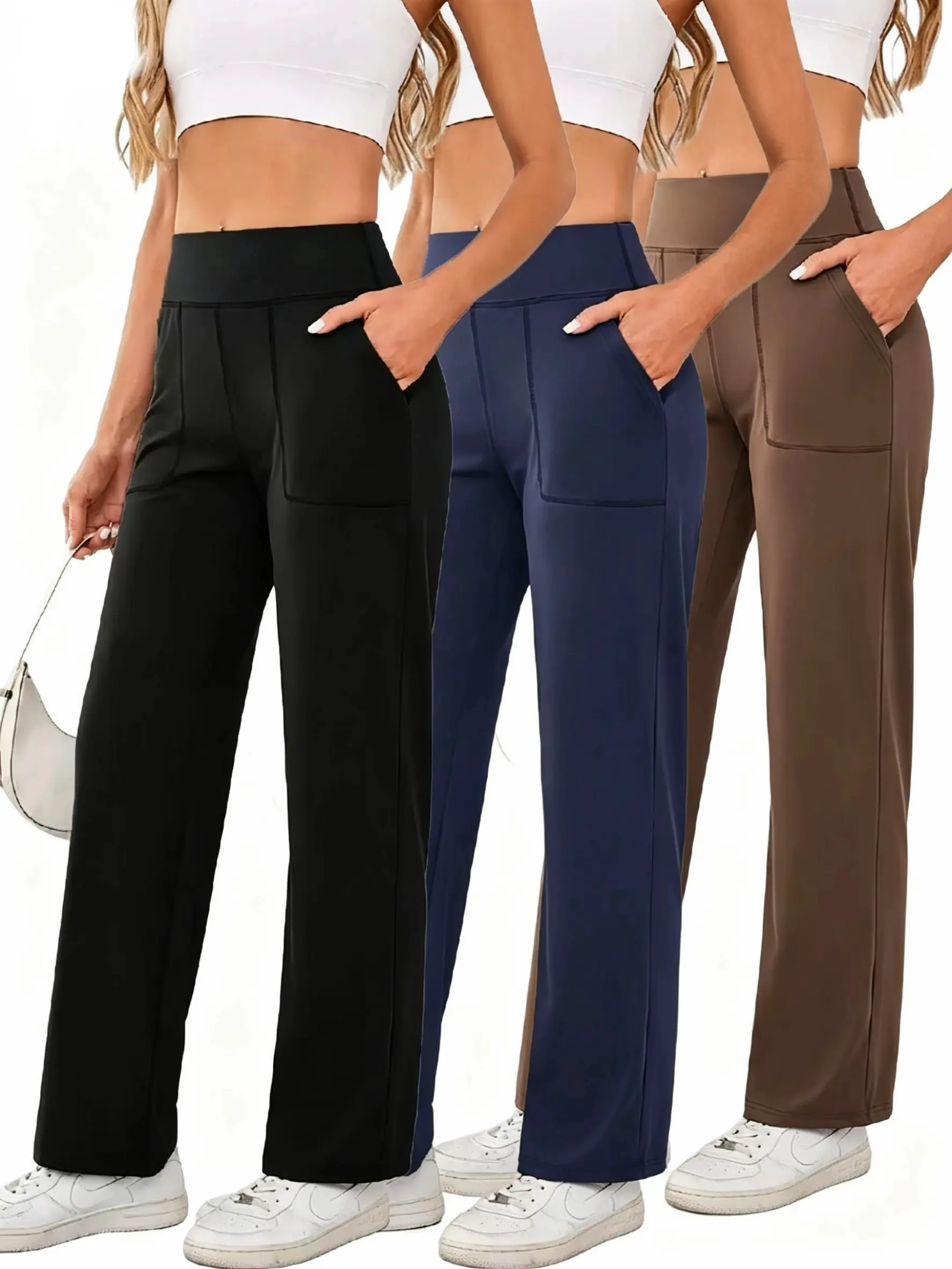 3-Pack High-Waisted Women’s Wide-Leg Yoga Pants – High Stretch, Drapey Fabric, Pockets, Casual Sporty Straight-Leg Long Pants