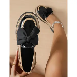 New Glossy Bow Thick Sole Loafers, Stylish and Unique Daily Wear, PU Material, Rubber Sole, All Seasons, Fashionable Women's Shoes(Sheets)