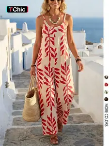 Women's Casual Loose Chic Bohemian Printed Halter One-Piece Jumpsuit, Summer Fashion Sleeveless Romper, Comfortable and Stylish Boho Overall