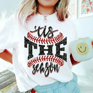 180g[100%cotton]Sports Game Day Tshirt - Faux Glitter Tis The Season Baseball Shirt - Sports Team Mom Family Tee & Sweatshirt Shortsleeve Top, Casual Outfits Women