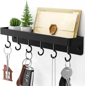 Niffgaff Black Key Holder Wall Mount, Stainless Steel Self Adhesive Hooks Rack with Shelf, No Drill Key Hanger for Door and Wall niffgaff