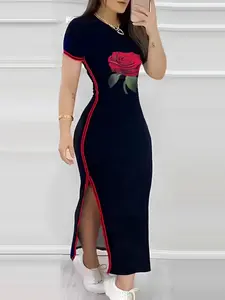 Women's Floral & Striped Print Split Hem Tee Dress, Bodycon Side Slit Fashion Casual Crew Neck Shortsleeve Long Dress for Daily Outdoor Wear, Ladies Dress for Summer, Womenswear