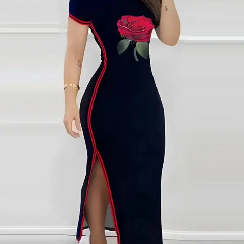Women's Floral & Striped Print Split Hem Tee Dress, Bodycon Side Slit Fashion Casual Crew Neck Short-Sleeve Long Dress for Daily Outdoor Wear, Ladies' Casual Dress for Summer, Womenswear, Casual Summer Dresses