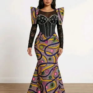 Elegant African Print Long Sleeve Dress with Lace Details and Colorful Patterns for Special Occasions vlisco satin loyal