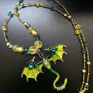 Gabriela Haller HigherKii Emerald Yellow Dragon Jewelry Set with Dragon Pendant and Beaded Necklace
