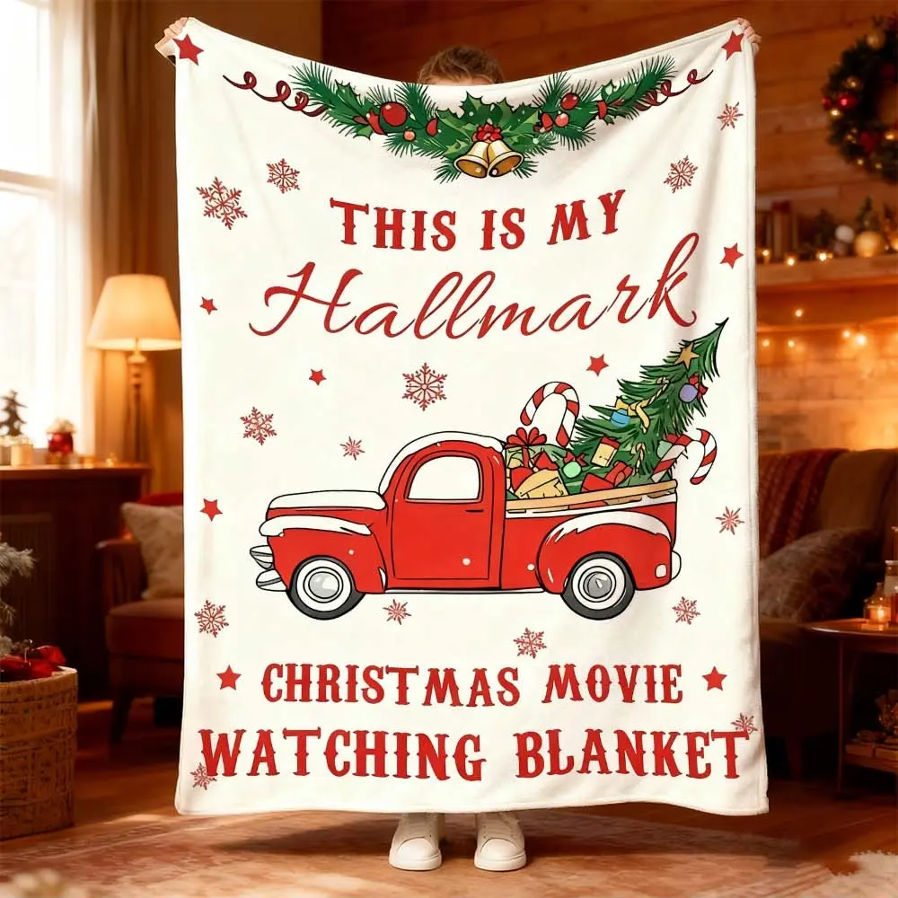 1pc "Cozy Christmas Hallmark Movie Blanket – Perfect for Holiday Naps & Snuggling – Ideal for Cozy Bedrooms, Relaxing Sofas & Festive Camping Nights – Embrace Festive Comfort with Whimsical Red Truck & Snowflake Winter Pattern – Essential for Warm Movie E