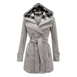 New plaid hooded jacket with a tie-up design for women, fashionable jogging jacket with plaid patchwork wool jacket
