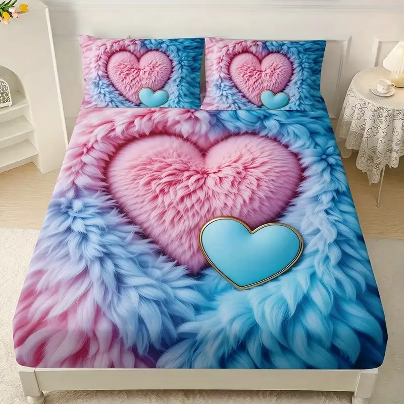 3pcs Heart Fleece Bedding Set (1 Sheet + 2 Pillowcases), Cute Bedding, Soft Comfortable High-Definition Print, Home Dormitory Bedroom Decor, Decorative Bedsheet Sets, Bedset