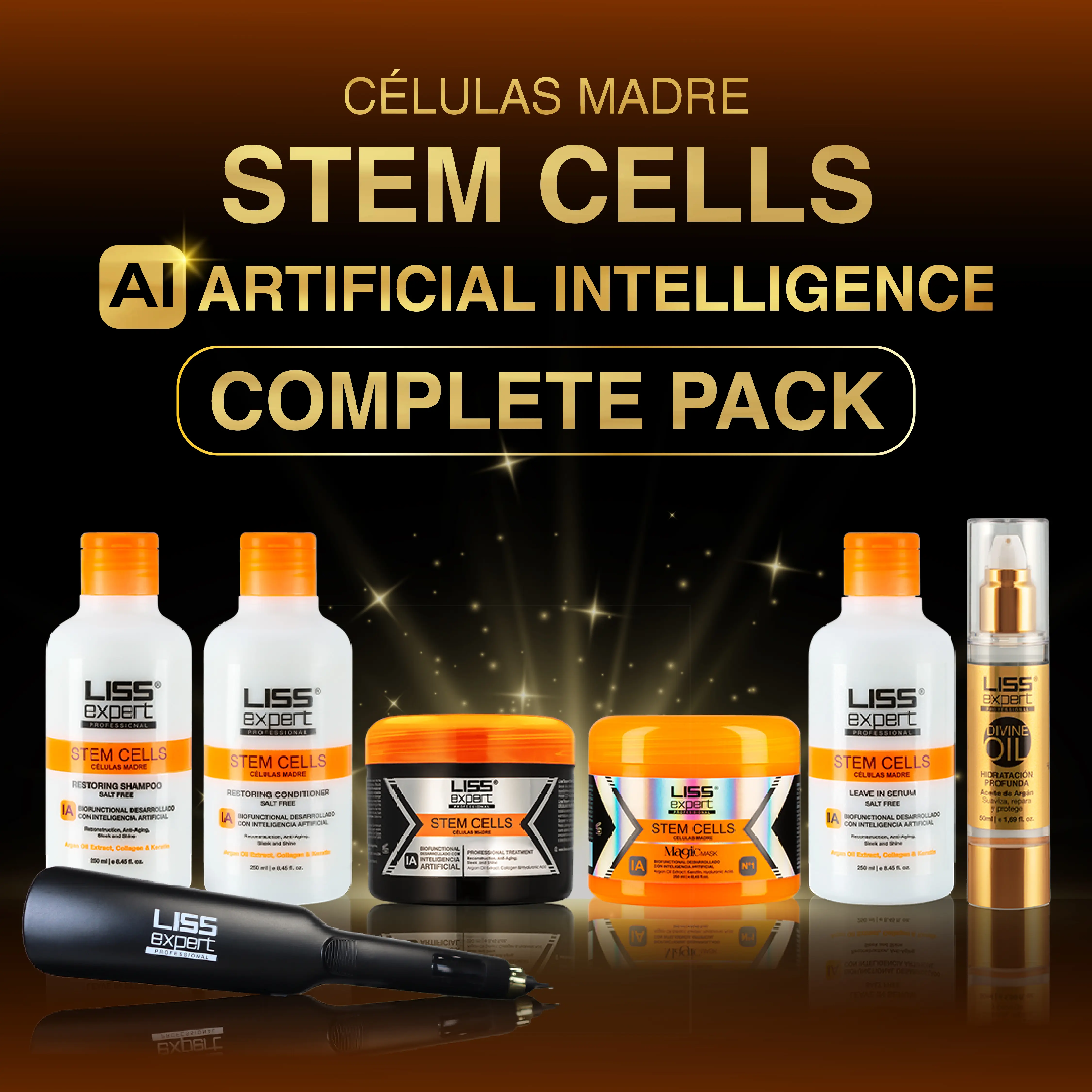 Liss Expert Professional Stem Cells 8.45 oz with Magic Mask and Flat Iron and a Complete After Care Kit Hair Smoothing Treatment Natural Hair Care