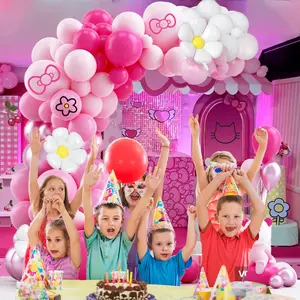 137PCS Cartoon Cat Balloon Garland Arch Kit Hot Pink Rose Red Balloons for Girls Kids Birthday Party Decor