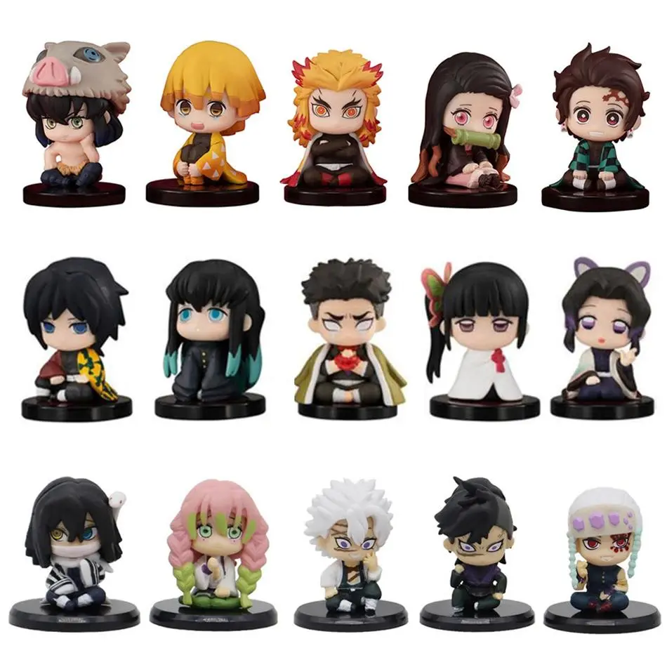 Q Version Sitting Ghost PVC Figurines Collectibles - 5-Style Anime Set with Tanjiro, Nidouzi, Inosuke, Zenitsu, 4.5cm Movie Models, DIY Hobbyist Action Figure Toys
