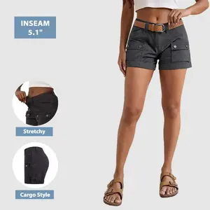 Flamingals Flap Pocket Roll Tab Hem Low Waist Mid Thigh Shorts Without Belt Summer Vibes Flamingals Flap Pocket Roll Tab Hem Low Waist Mid Thigh Shorts Without Belt Summer Vibes