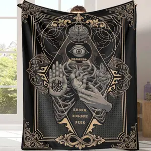 Surreal Skeleton Eye and Brain Pattern Flannel Blanket Vintage Gothic Art Print with Sacred Symbol Design Soft Warm Lightweight and Durable Perfect for Bedroom Decor Meditation Space Studio Couch Halloween Gift Artistic Home Use summerwins