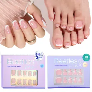 Beetles French Tip Press On Nails Coffin, Brown Short Coffin French Gel Nail Tip with Pre-applied Matte Primer & Base Coat, Supremely Fit & Natural Glue On Nails in 15 Sizes, 2 Set for Nail Art DIY