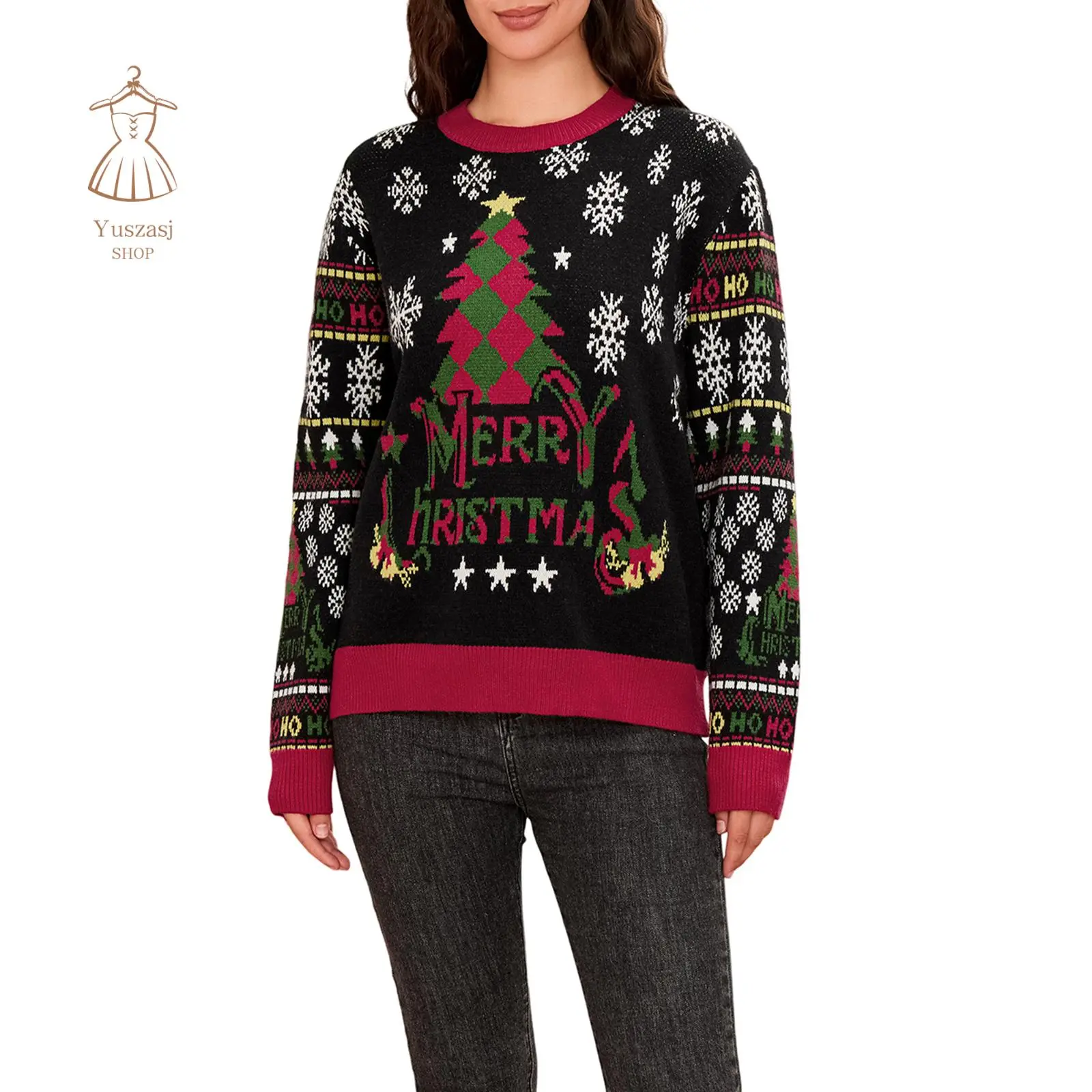 Women's Christmas Knit Sweater Long Sleeve Crewneck Snowflake Christmas Tree Print Casual Knitwear