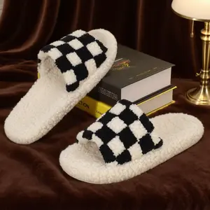 Women's Checkered Plaid Slippers Fuzzy Plush Open Toe Cotton Slippers for Women Indoor Outdoor House Shoes Non-Slip Sole Anti-Skid Memory Foam Warm Winter Comfy Faux Fur Slipper