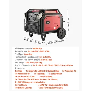 VEVOR Inverter Generator, 10000W Peak Watt 6800W Operating Watt Quiet Inverter Generator, Remote Start Inverters Generators for Home Outdoor, Gas Powered, Stable Power, CO Sensor, RV Ready 1A 2.1A Outlets, Long Run Time