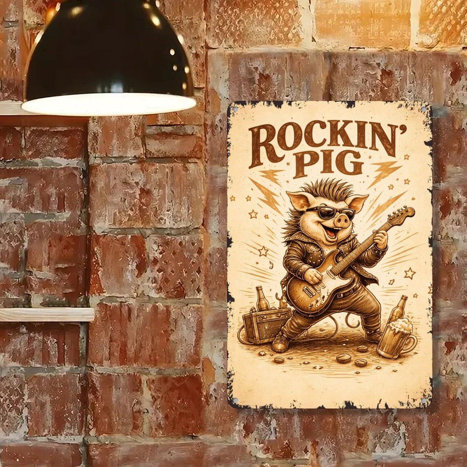 Rockin' Pig – Funny Rock Music Poster – 8x12 Inch Metal Sign for Bar, Pub, or Game Room Decor
