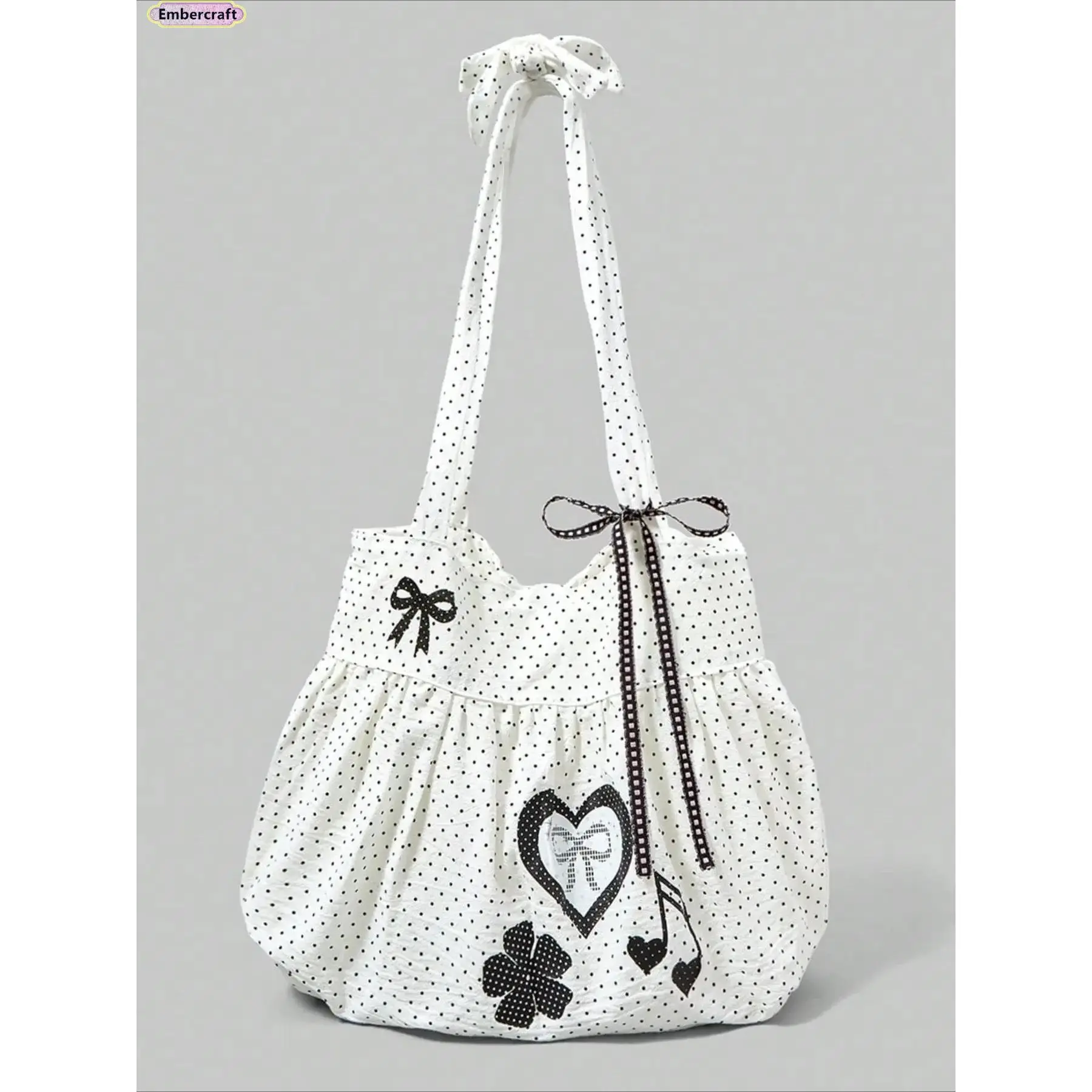 Women's Cute Bow Tote Bag – Vintage Heart Polka Dot Floral Embossed Shoulder Bag, Large Capacity Laptop Tote (fits 13–16"), Y2K coquette style handbag for work, school, travel, daily commute, summer, Tote Bags, Work Bags For Women