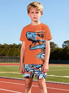 Two-Piece Set Boy's Dinosaur Print Short Sleeve Tee & Shorts, Casual Round Neck T-shirt & Shorts, Summer Outfits Clothes for Kids