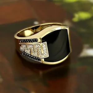 Hip-hop style gold-colored wide black synthetic zirconia teen ring, new oil drop ring, birthday gift, anniversary wedding gift for boyfriend, Father's Day gift, Y2K style, teen style