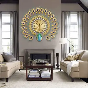 Large Home Decor Peacock Wall Clock, Crystal Luxury Wall Art Quartz Clock