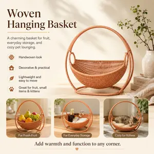 Wicker-woven hanging multi-functional Calming cradle, easy-to-assemble hammock with stand, lightweight and sturdy structure, suitable for small pet beds of 6.61 pounds (3 kg), ideal gift for kittens and cat owners, Home, Kitty, (Model DM025)